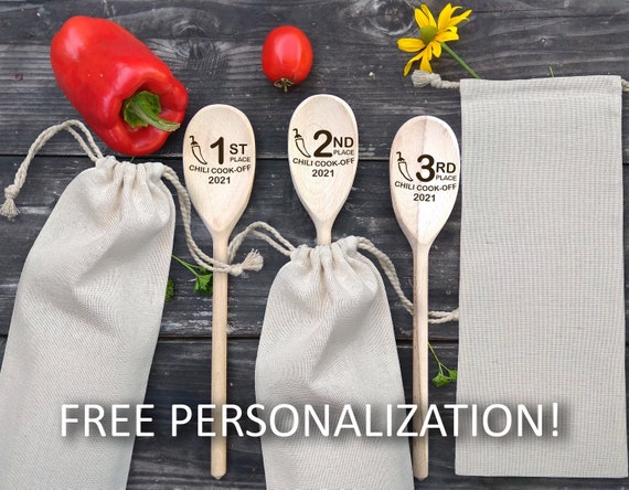 Chili Cook Off Set of 3 Wooden Spoons 1st 2nd 3rd Places Custom Engraved Prize Cooking Contest Winner Chili Cookoff Champion Event Favors