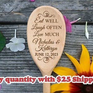 Personalized Wooden Spoon Wedding Favor Bulk Thank You Custom Engraved Wood Spoon Kitchen Bridal Shower Favor Eat Well Laugh Often Love Much