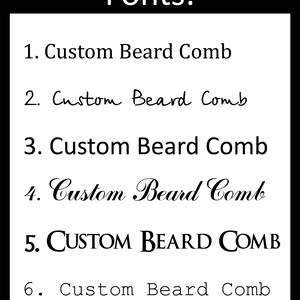 以下が含まれることがあります： 「Custom Beard Comb」というテキストの6つの異なるフォントスタイル。フォントは、シンプルでクリーンなものから、より装飾的で筆記体なものまであります。
