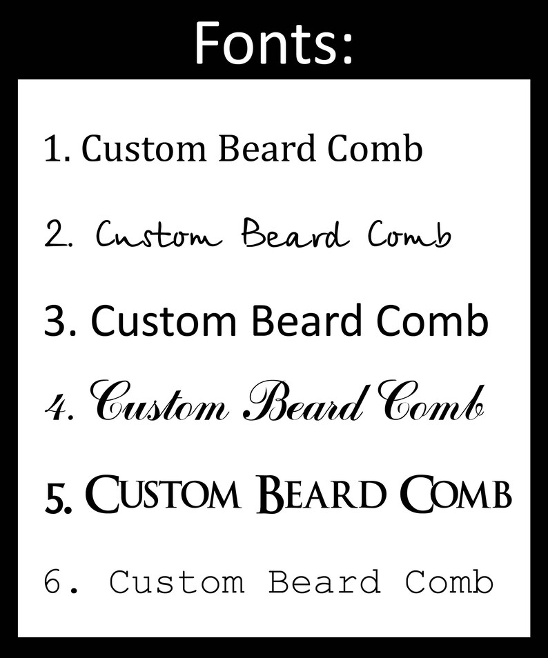 以下が含まれることがあります： 「Custom Beard Comb」というテキストの6つの異なるフォントスタイル。フォントは、シンプルでクリーンなものから、より装飾的で筆記体なものまであります。