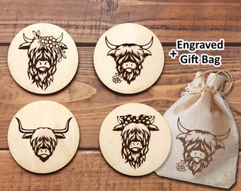 Highland Cow Coasters Set of 4 Individual Wooden Coasters Cute Highland Coo Bull Christmas Gift Highland Cow Fanatics Gift Housewarming Gift