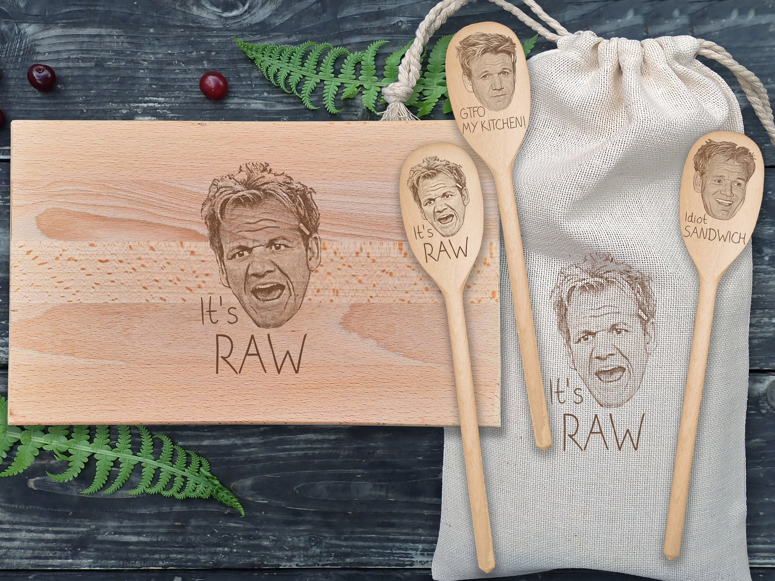 cadeau pour le chef gordon ramsay planche à découper + 3 cuillères en bois cadeau de noël ustensiles cuisine gravés au laser pendaison