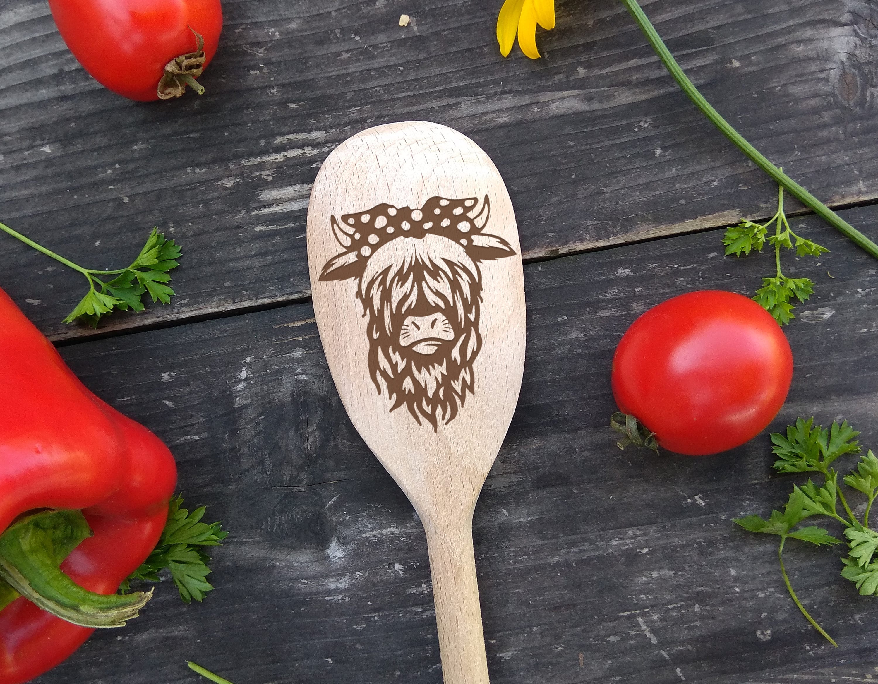 Highland Cow Wooden Mixing Spoon Cute Highland Coo Bull Laser Engraved Wood Spoon Fathers Day Gift Highland Cow Lovers Housewarming Gift