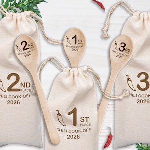 Juego personalizado de 3 cucharas de madera para concurso de chili. 1.er, 2.º y 3.er puesto. Trofeo del concurso de parrilla. Concurso de repostería. Finalista en olla de cocción lenta. Concurso de sopa.