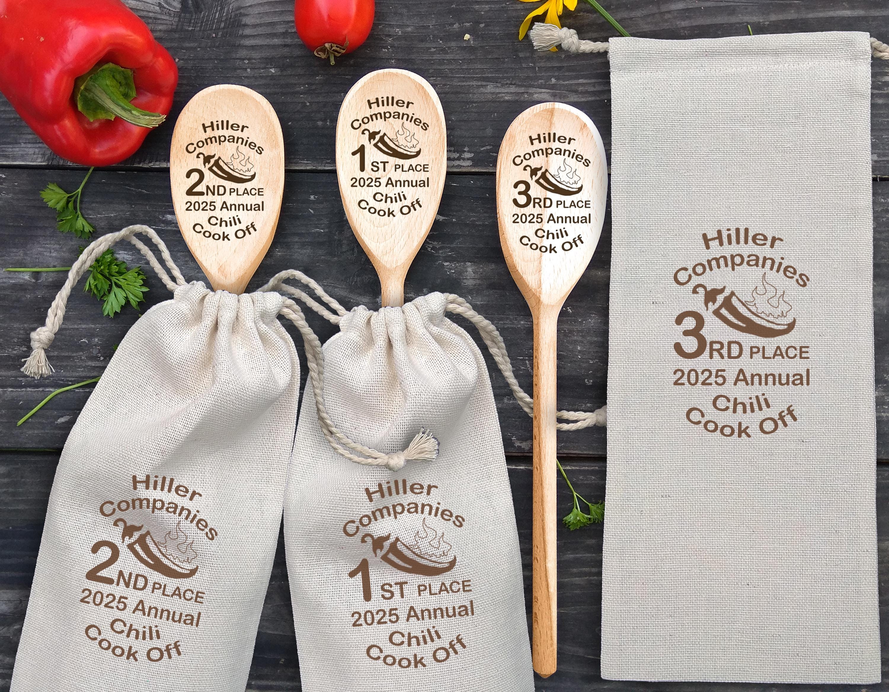 3 cucchiai da cucina per chili Cook Off, con incisione Chili Cook Off, cucchiaio in legno