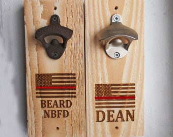 Firefighter Beer Bottle Opener Wall Mounted Fireman Gift Personalised Name Magnetic Cap Catcher
