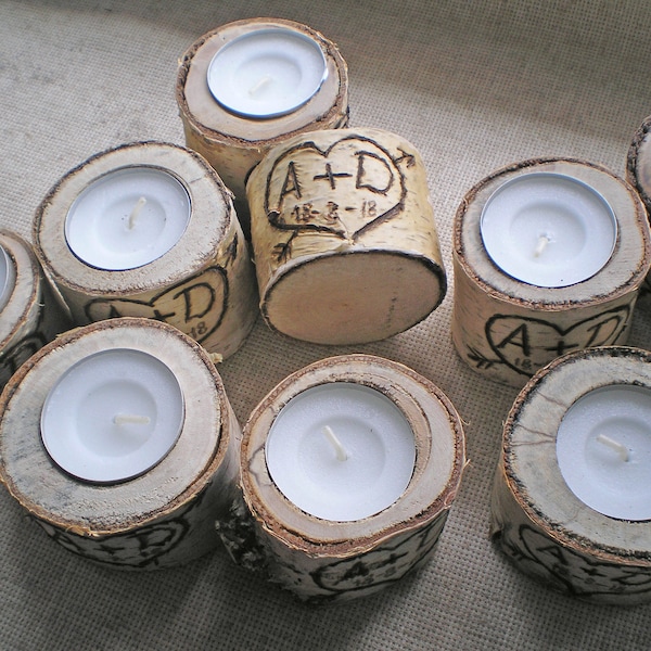 10 Birch Candle Holders Personalized Natural White Birch Wood Candle Centerpieces Birch Log Tree Branch Rustic Wedding Decor Country Wedding