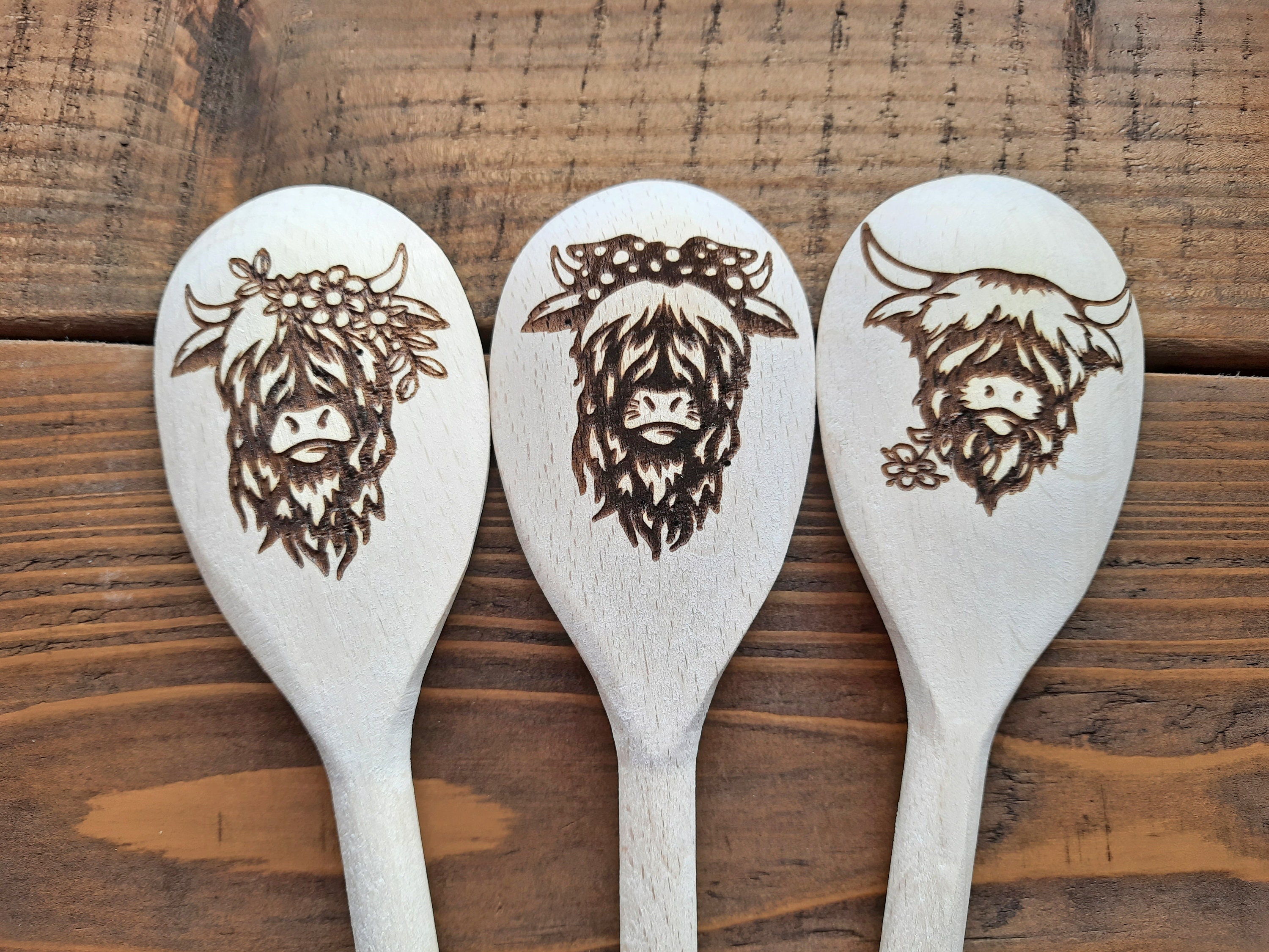 Highland Cow Wooden Mixing Spoon Cute Highland Coo Bull Laser Engraved Wood Spoon Fathers Day Gift Highland Cow Lovers Housewarming Gift