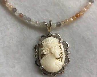 Ivory cameo with agate bead necklace