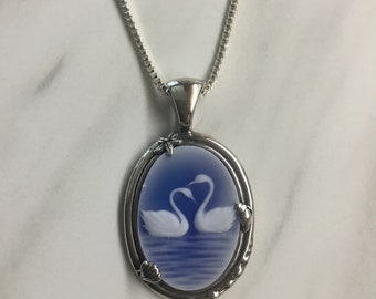 Two swans blue agate cameo