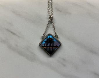 Blue Morpho Butterfly wing necklace silver 1920’s.