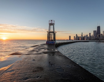 Chicago wall art, Chicago night skyline with the old lighthouse and the John Hancock Building, Chicago Photography Print, North Avenue Beach
