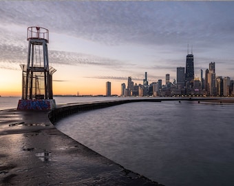 Chicago wall art, Chicago night skyline with the old lighthouse and the John Hancock Building, Chicago Photography Print, North Avenue Beach