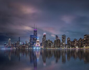 Chicago Skyline from North Avenue Beach, Lake Michigan, Chicago Night Skyline with John Hancock Building, Chicago Gift Idea