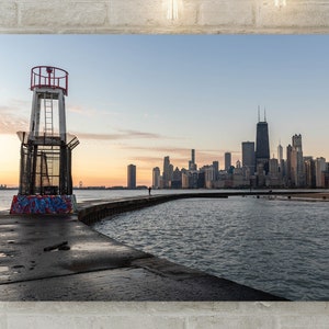 Chicago wall art, Chicago night skyline with the old lighthouse and the John Hancock Building, Chicago Photography Print, North Avenue Beach