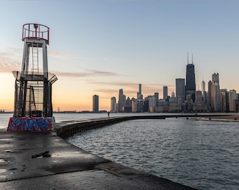 Chicago wall art, Chicago night skyline with the old lighthouse and the John Hancock Building, Chicago Photography Print, North Avenue Beach