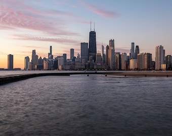 Chicago wall art, Chicago night skyline with John Hancock Building and Lake Michigan, Chicago Photography Print, North Avenue Beach