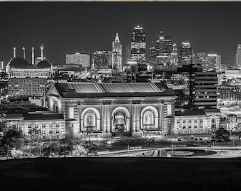 Downtown Kansas City Skyline Print, Union Station Wall Art, Black and White, KC Cityscape Canvas, Kansas Gift Idea