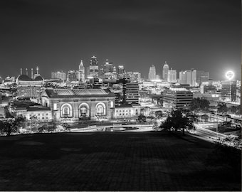 Kansas City Skyline Print, Union Station Wall Art, Black and White, Downtown Cityscape Canvas, KC Gift Idea, Western Auto, Kauffman Center