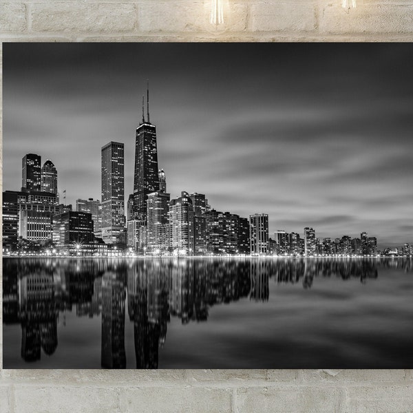 Chicago wall art, Chicago night skyline with John Hancock Building and Water Tower Place, Chicago Photography, Print, Chicago Canvas Wrap