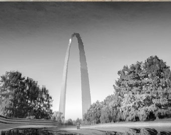 May include: A black and white photograph of the Gateway Arch in St. Louis, Missouri. The arch is a prominent landmark in the city and is a popular tourist destination.