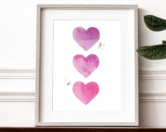 Watercolor Hearts, Valentines Day Decor, Heart Print, Girls College Dorm Room Decor, Nursery Wall Art, Girls Bedroom Decor, Nursery Print