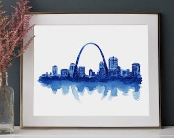 Saint Louis Skyline Print, St Louis Blues Hockey Gift Idea, St Louis Arch Wall Art, Watercolor Painting, Skyline Print, Gateway Arch, Poster