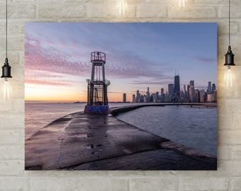 Chicago wall art, Chicago night skyline with the old lighthouse and the John Hancock Building, Chicago Photography Print, North Avenue Beach