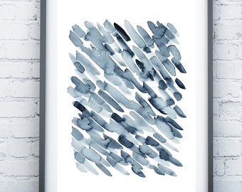 Blue brush strokes, minimalist print, blue bedroom print, neutral blue wall art, mid century watercolor print, abstract lines painting
