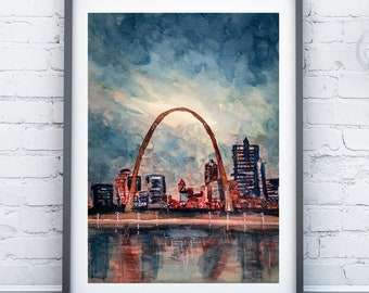 St Louis Arch Wall Decor, Watercolor Painting, Skyline Print, Man Cave,  Landmark, Poster, Print, Wall Art, Canvas Wrap, St. Louis Arch Gift