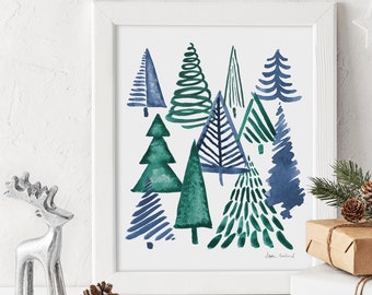 Modern Christmas Tree Print, Dark Blue Wall Art, Christmas Decor, Winter Watercolor Print, Christmas Art Print, Minimal Holiday Decor