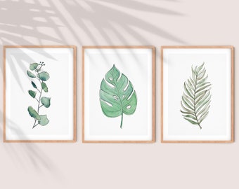 Set of 3 botanical prints, Tropical leaf print, Monstera wall art, Palm leaf wall art, Eucalyptus print, Watercolor botanical print set