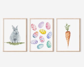 Set of 3 Easter Prints, Easter Egg Print, Rabbit Print, Carrot Print, Easter Decor, Spring Farmhouse Decor, Nursery Wall Art