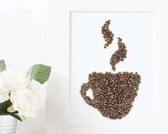 Coffee Bean Art, Coffee Cup Print, Gifts for Coffee Lovers, Coffee Photo, Coffee Kitchen Decor, Kitchen Wall Art, Valentines Day