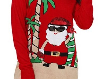 Palm Tree Santa Christmas Sweater Red or Black