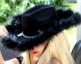 Black Cowgirl Hat with Feather Boa and Silver Trimming Band