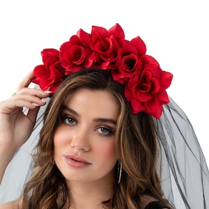 Day of the Dead Red Roses Headband with Black Veil (Diadema para Dia De Los Muertos) Llorona  & Catrina Costume Headpiece