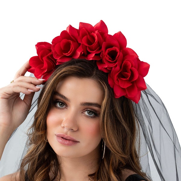 Day of the Dead Red Roses Headband with Black Veil (Diadema para Dia De Los Muertos) Llorona  & Catrina Costume Headpiece