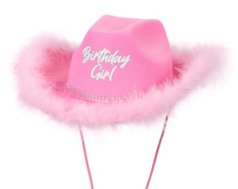 Customized Pink Birthday Girl Cowgirl Hat with White and Silver Glitter Vinyl