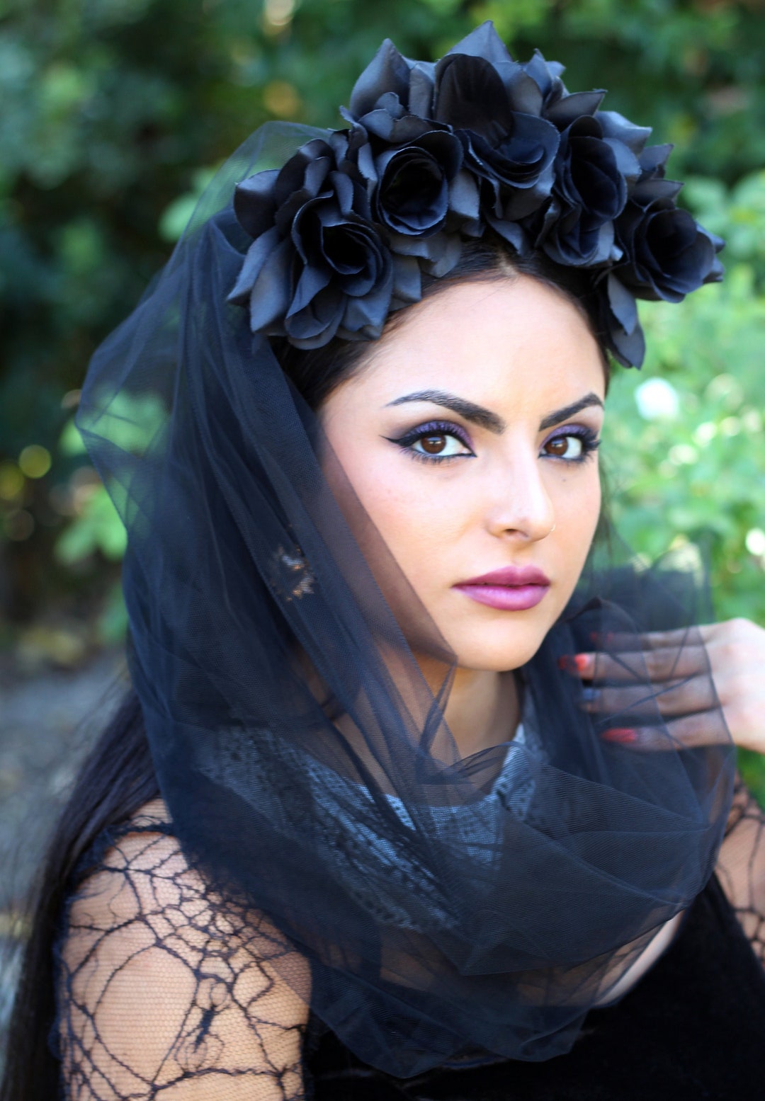 June Bloomy Day of the Dead Headpiece Rose Floral Crown Veil Halloween Costume Mexican Headband (Spider Web Veil Burgundy) in Kenya | Bridal Veils
