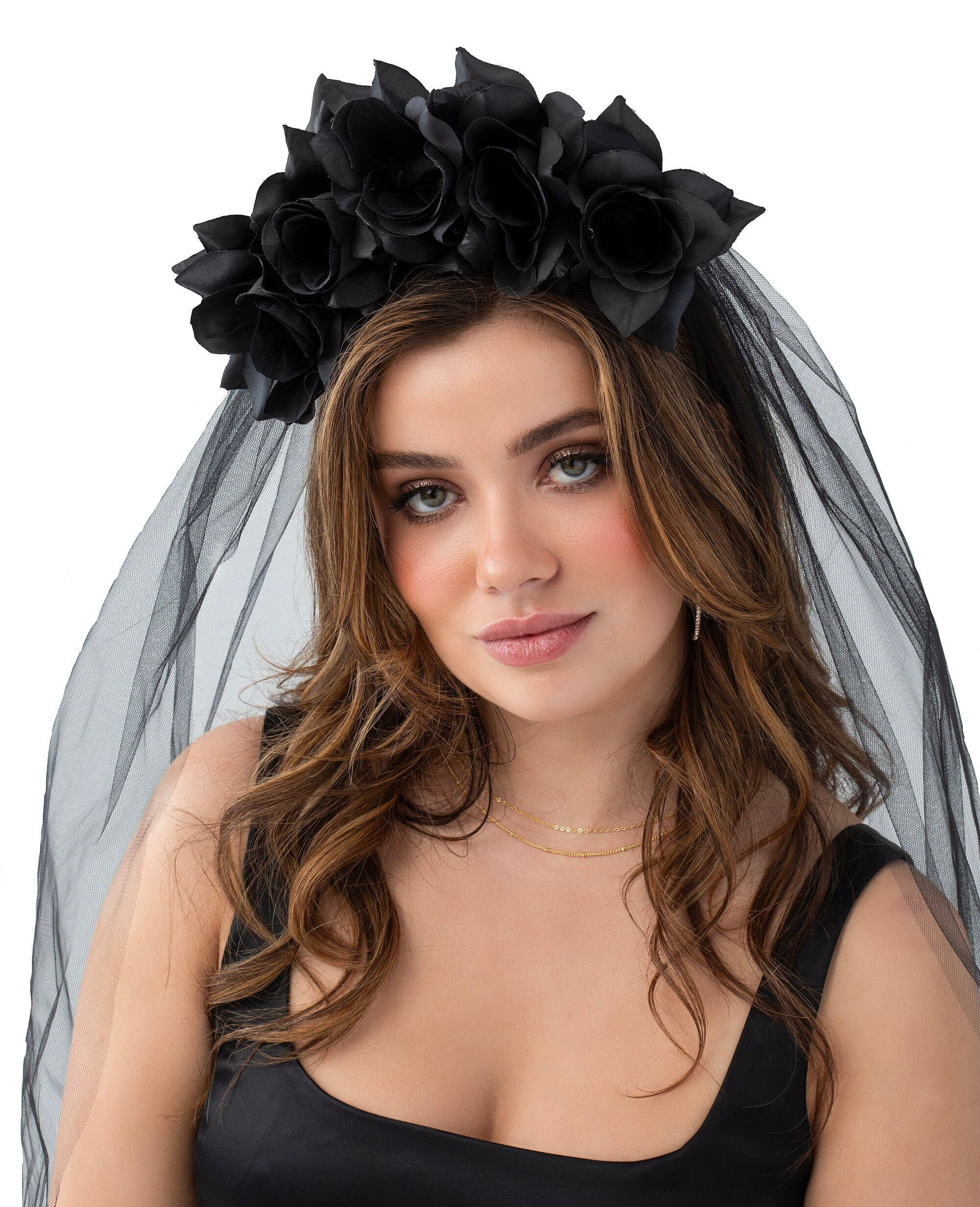 Black Roses Floral Day of the Dead Headband With Black Veil 