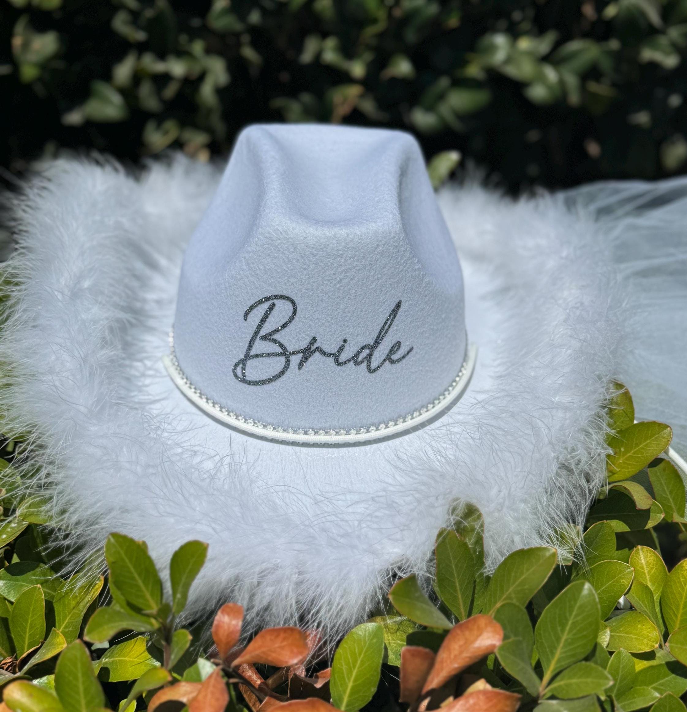 Bride Cowgirl Hat with Veil and Diamond Ring Balloon 2 Pieces White Cowboy Hat White Diamond Cowboy Hat With Double Rhinestone Band  main image 2