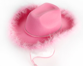 6er Pack Pinke Cowgirl Hüte mit Federboa und silbernem Besatzband