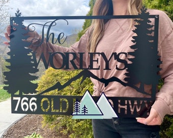 Family Name Sign - Mountain Metal Last Name Sign - Metal Address Sign - Nature Name Sign - Family Name Sign Metal - Pine Name Sign