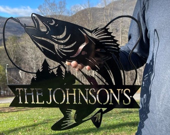 Family Name Sign - Fisherman’s Metal Sign - Custom Fish Name Sign - Walleye Sign Metal