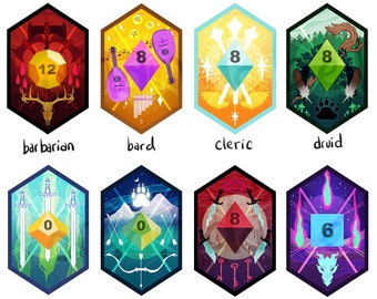 May include: A set of 12 hexagonal badges, each representing a different Dungeons and Dragons class. Each badge features a different color scheme and iconography, including a die with a number from 6 to 12. The badges are arranged in two rows of six.