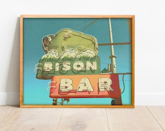 Vintage Sign, Montana Print, Bison Art, Bison Print, Vintage, Cowboy Art, Western Art, Montana Photography, Large Wall Decor "Bison Bar"