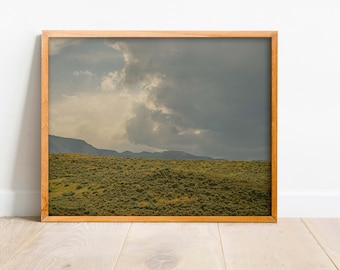 May include: A framed photograph of a landscape with a grassy field and a mountain range in the distance. The sky is cloudy and overcast, with a hint of sunlight breaking through the clouds.