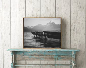 Glacier National Park Boats, Black and White Landscape Photo (Digital Download)