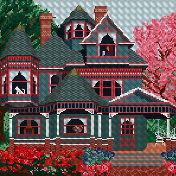 Lovely Victorian Home Cross Stitch Pattern–Fancifully Detailed Gingerbread, turrets, textured shingles. 180Wx148H-14ct-12 3/4Wx10 1/2H inch